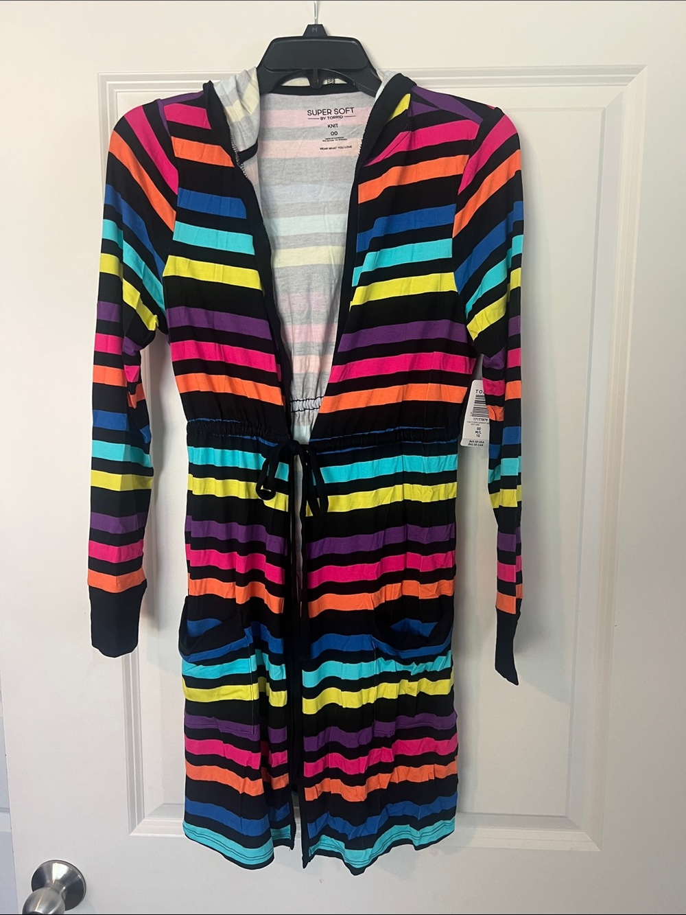Torrid Black Multicolor Striped Hooded Tie-Waist Sweatshirt